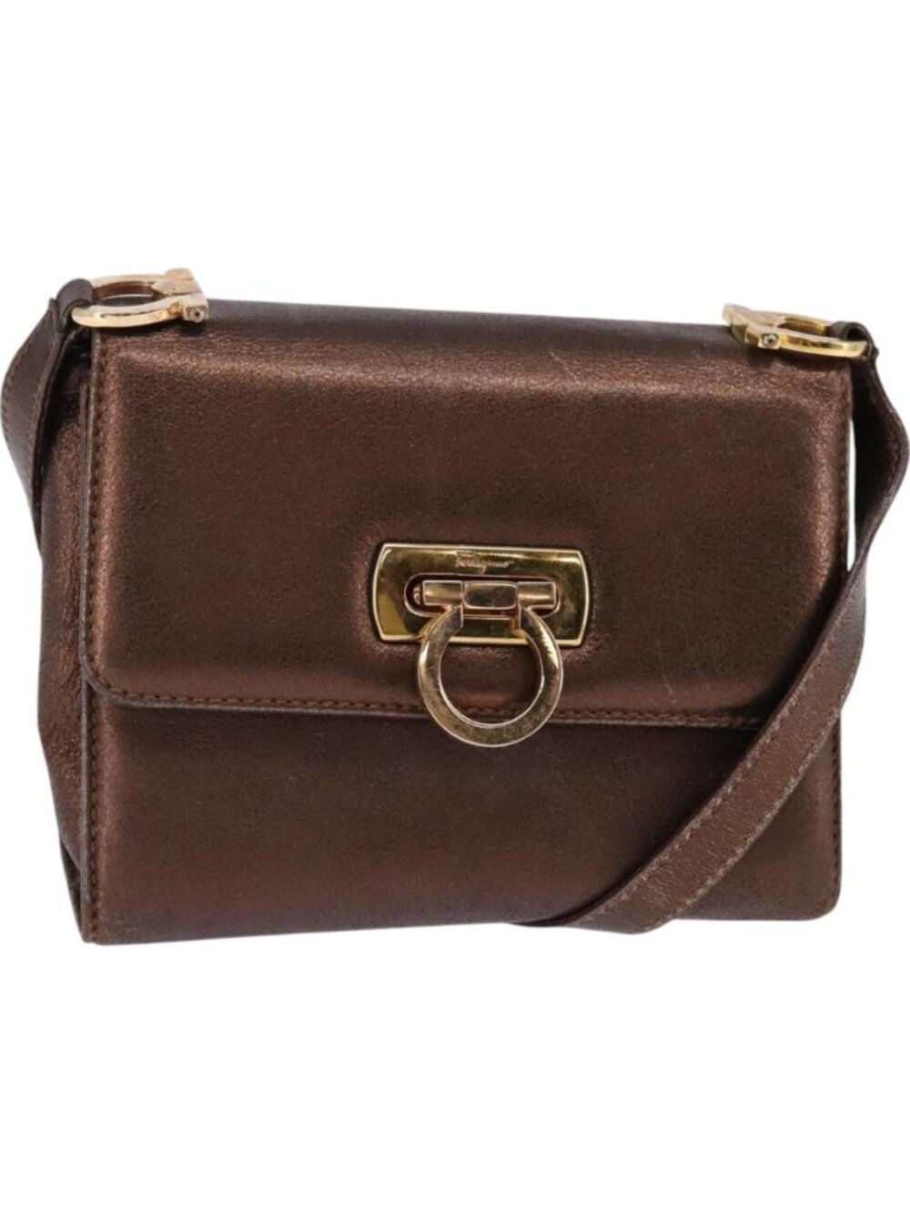 Salvatore Ferragamo Gancini Shoulder Bag Leather Brown Gold